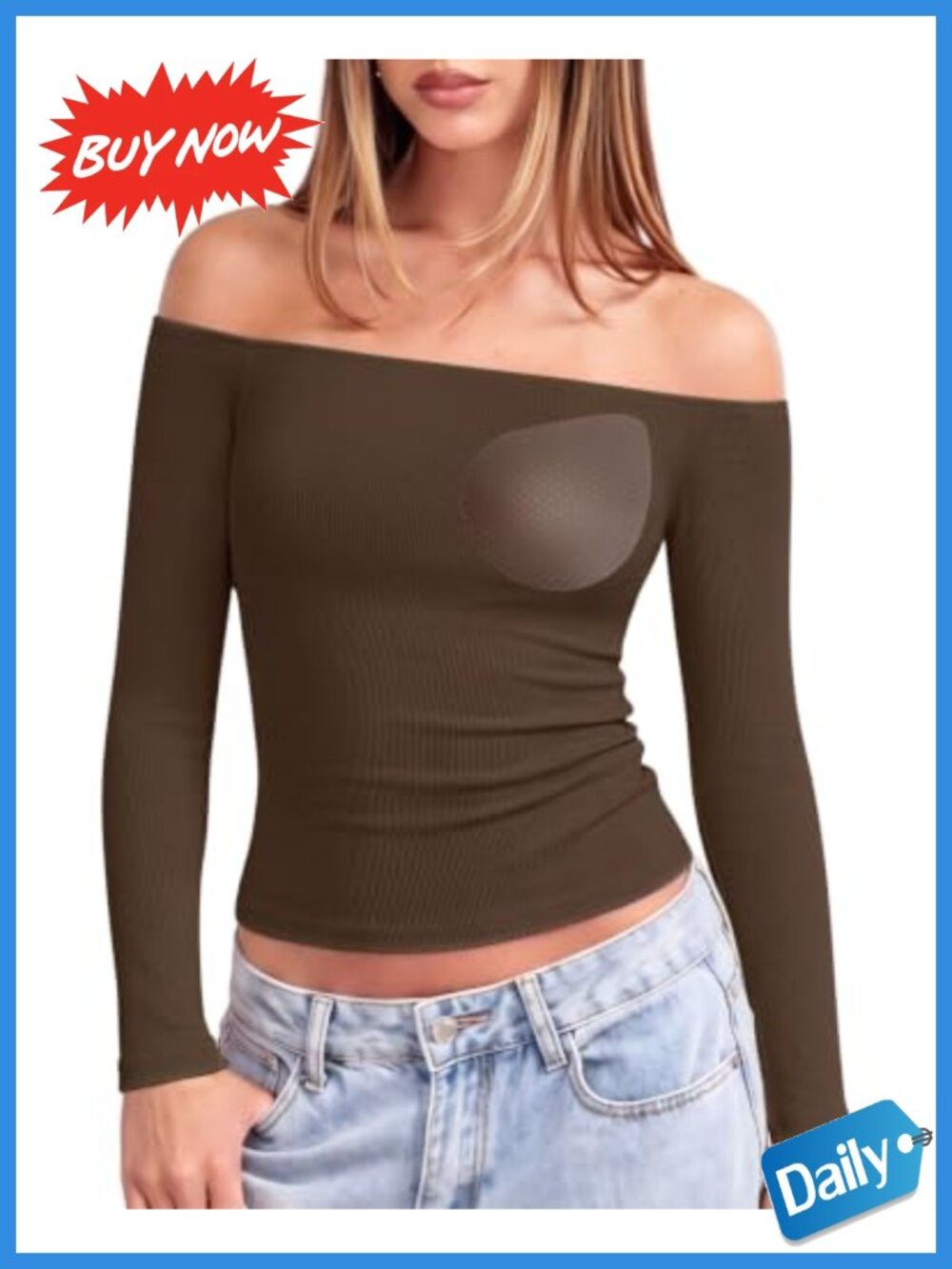 Women's Off Shoulder Long Sleeve Ribbed Top Built in Bra Padded Fitted